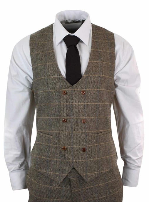 Traje de tweed a cuadros de espiga en color tostado de tres piezas para hombre - Image 4