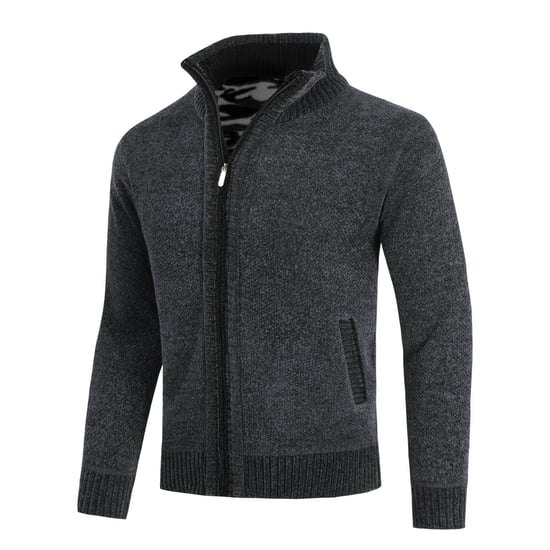Men's Cardigan with Zip and Stand-Up Collar, Lined Chunky Knit Pullover Dark Grey - Image 2