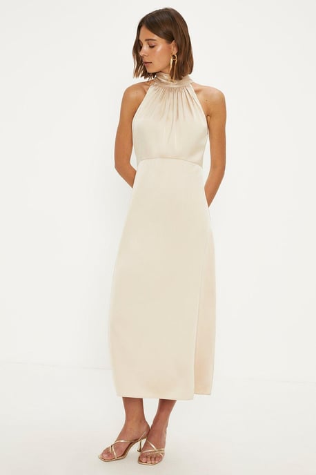 Satin Halter Neck Midi Bridesmaids Dress - Image 1