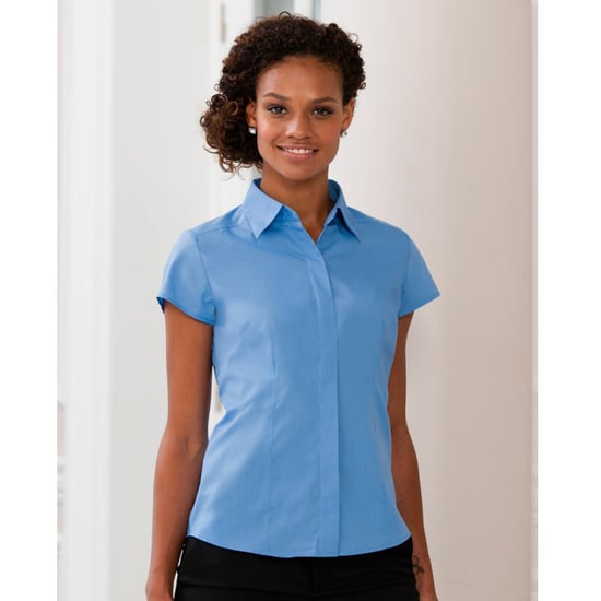 Russell Collection Ladies Cap Sleeve Polycotton Easy Care Fitted Poplin Shirt (Corporate Blue) - Image 4