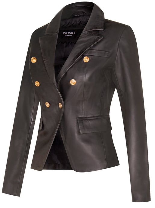 Womens Classic Leather Military Blazer Jacket-Newent