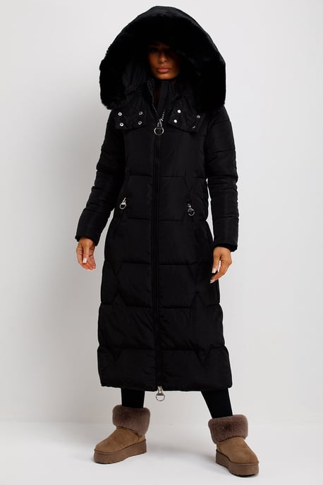 Jess Women’s Long Puffer Coat with Faux Fur Hood & Zip Pockets