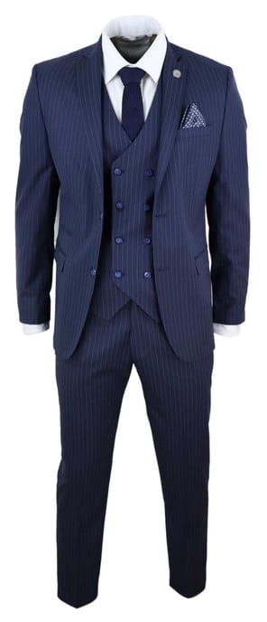 Traje retro de tres piezas de raya diplomática azul marino para hombre - Image 2