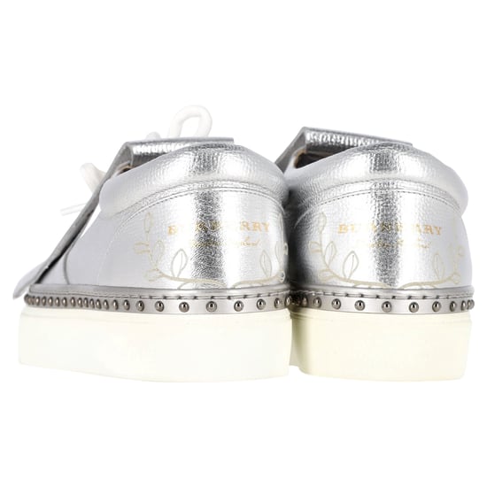 Burberry Kiltie Fringe Detail Slip On Sneakers Metallic Silver Leather - Image 4