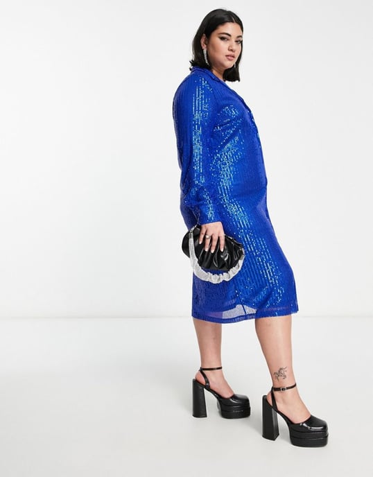 Urban Threads Plus sequin midi shirt dress in cobalt blue
