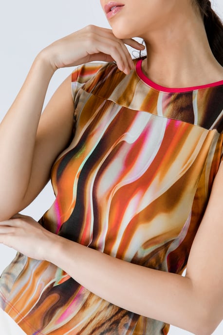 Print Cap Sleeve Top with Trim Detail