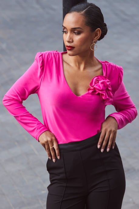 Hot Pink Corsage Detail Ruched Shoulder Top