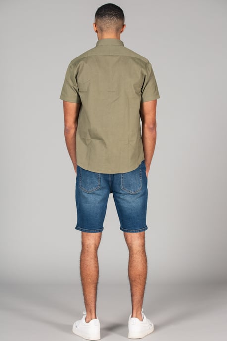 Olive Cotton Short Sleeved Button-Up Oxford Shirt