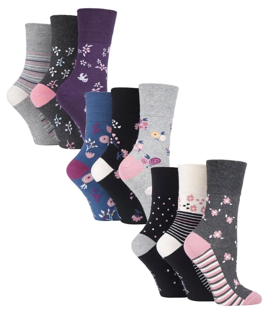 Paquete múltiple de 9 pares de calcetines no elásticos de algodón para mujer - Floral 3 - Image 1