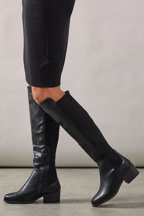 Wide Fit Hannah Elastic Back Low Heel Almond Toe Knee Boots - Image 3