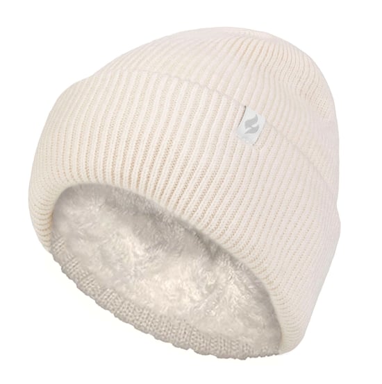 Ladies Fleece Lined Ribbed Turnover Hat | Heat Holders | Thermal Hat for Winter - Cream - Image 1