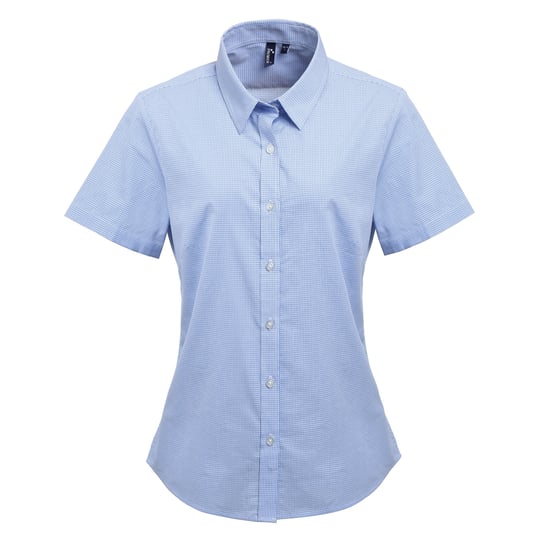 Premier Womens/Ladies Microcheck Short Sleeve Cotton Shirt (Light Blue/White) - Image 1