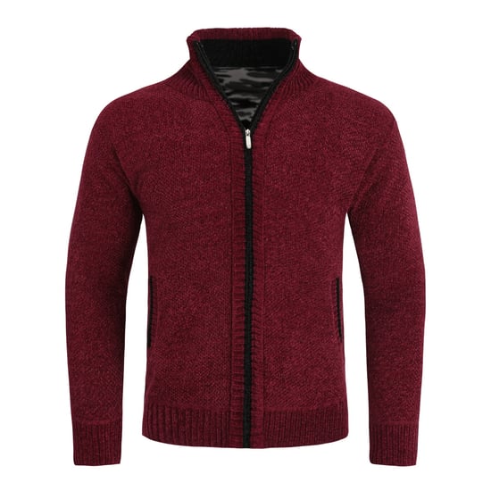 Men's Cardigan with Zip and Stand-Up Collar, Lined Chunky Knit Pullover Red - Image 1