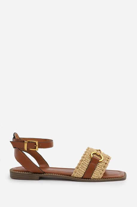Wheres That From Womens 'Bonnie' Wide Fit Pu Straw Detail Strap Sandals With Buckle Closure - Image 2