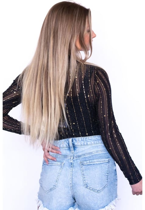 Bodysuit de Manga Larga con Cuello Mock de Malla para Mujer en Negro - Image 3