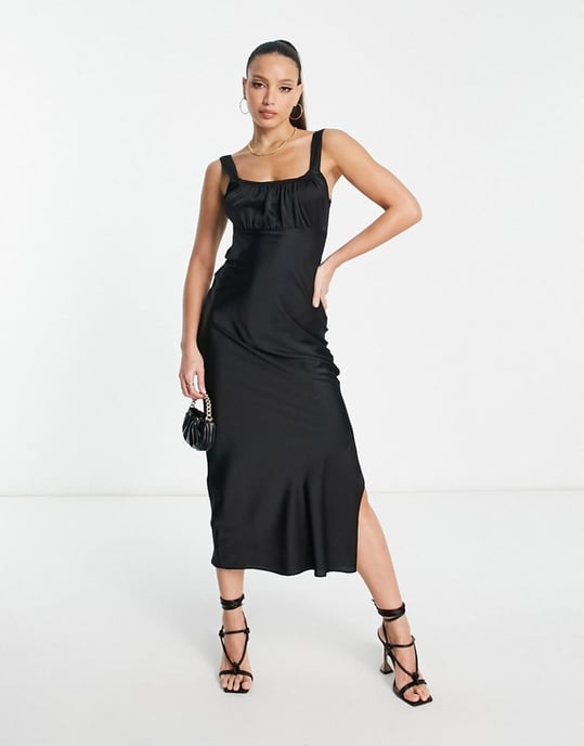 ASOS DESIGN Tall gathered babydoll satin midi slip dress in black