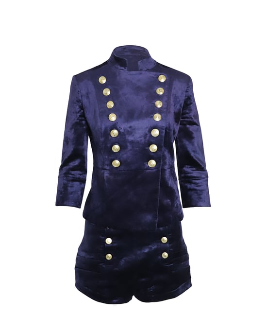 Pierre Balmain Military Blazer and Shorts Set in Blue Velvet - Image 1