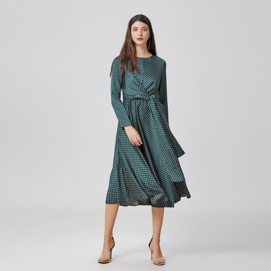 Flared printed satin dress with side knotted panel - Image 2