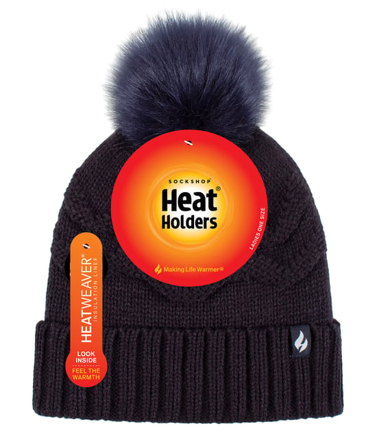 Ladies Winter Fur Beanie Hat | Heat Holders | Zigzag Patterned Pom Pom Hat | Womens Thermal Cuff Bobble Hat - Navy - Image 2