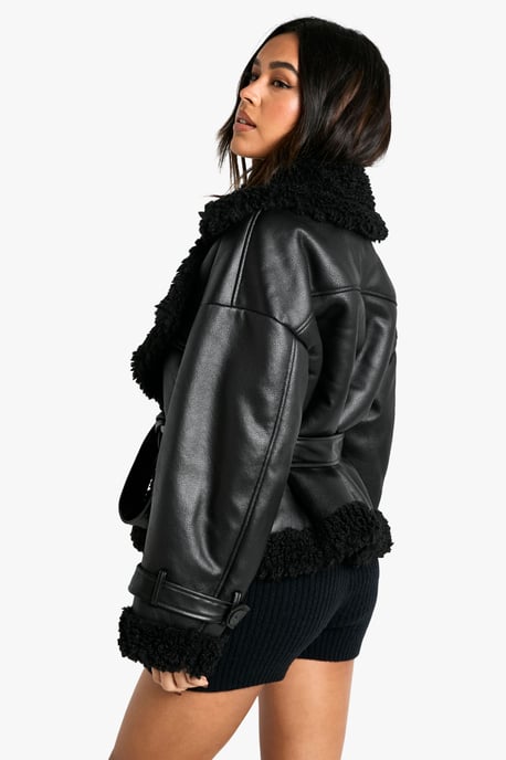 Luxe Teddy Trim Belted Aviator Jacket