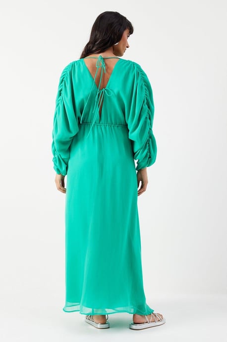 Chiffon Pleat Plunge Neck Batwing Midaxi Dress