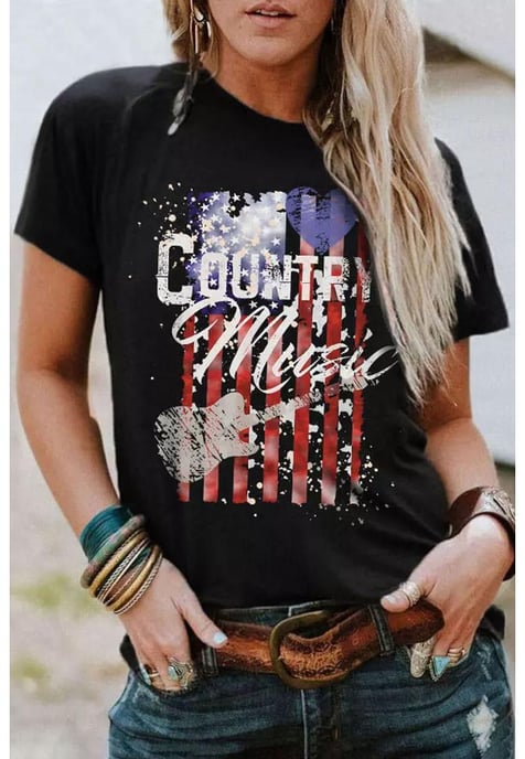 Camiseta de manga corta negra con estampado de la bandera americana de para mujer - Image 1
