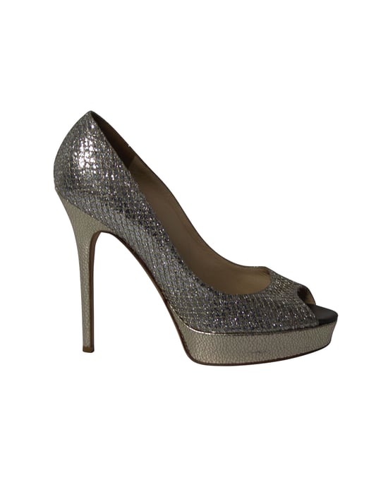 Jimmy Choo Dahlia Platform Peep Toe Pumps in Silver Glitter - Image 1