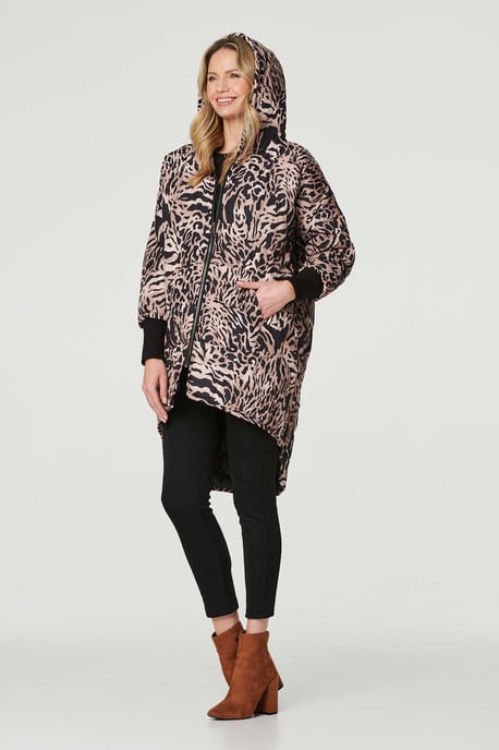 Beige Printed Zip Front High Low Coat