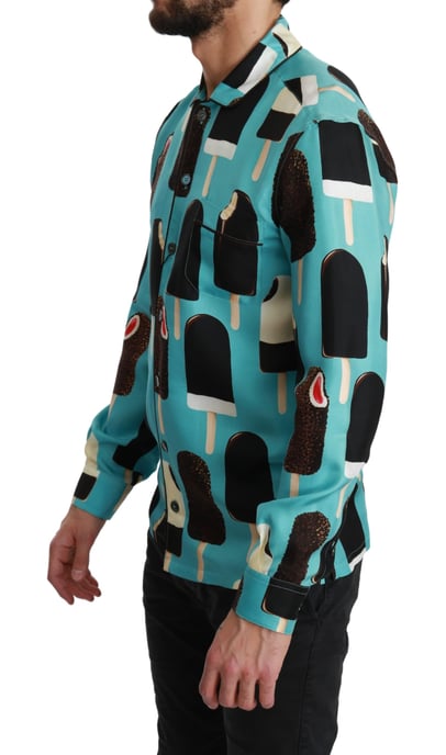 Camisa Casual para Hombre de Seda Azul con Estampado de Helado de Dolce & Gabbana - Image 4