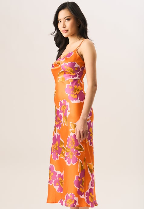 Floral Print Cowl Neck Slip Midi Dress