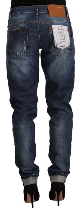 Jeans de mezclilla de cintura media ajustados de mujer Acht, azul desgastado con dobladillo doblado - Image 3
