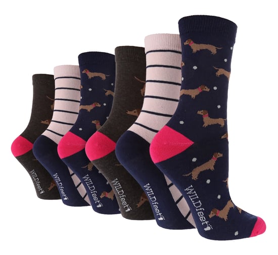 Paquete de 6 calcetines de diseño divertido para mujer | Wildfeet | Calcetines con dibujos de animales - Dashchund - Image 1