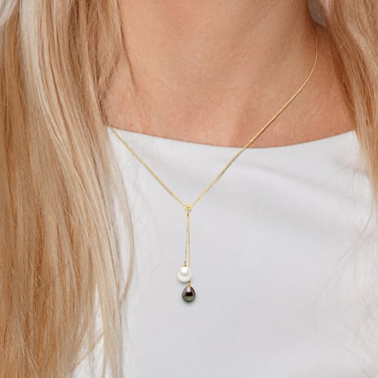 DIADEMA - Necklace - You & Me - 2 Real Freshwater Pearls and Tahitian Pealrs - Yellow Gold