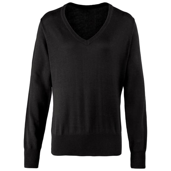 Premier Womens/Ladies Knitted Cotton Acrylic V Neck Sweatshirt (Black) - Image 1