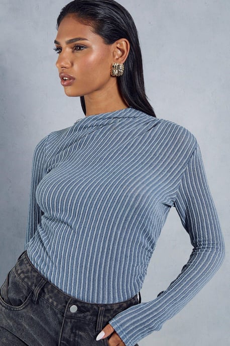 Contrast Rib Asymmetric Neck Top
