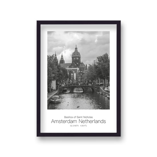 Polaroid Style B&W Travel Print Basilica of Saint Nicholas Amsterdam Netherlands - Black Frame