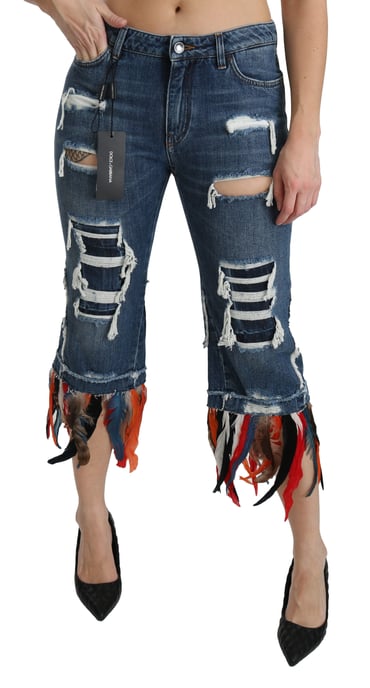 Jeans de algodón recortados de cintura baja con plumas azules de Dolce & Gabbana - Image 1