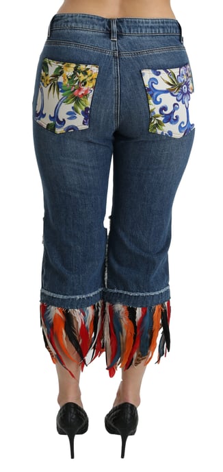 Jeans de algodón recortados de cintura baja con plumas azules de Dolce & Gabbana - Image 2
