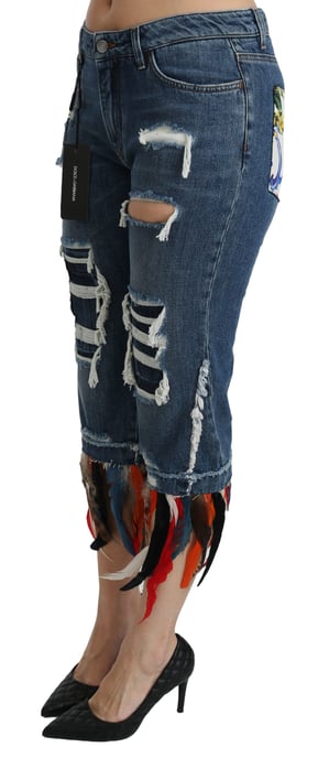 Jeans de algodón recortados de cintura baja con plumas azules de Dolce & Gabbana - Image 4