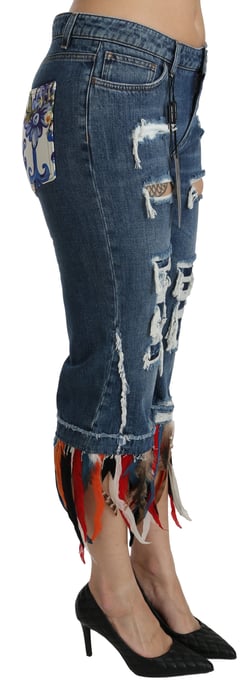 Jeans de algodón recortados de cintura baja con plumas azules de Dolce & Gabbana - Image 3