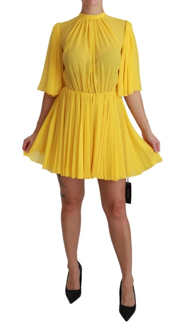 Vestido Mini Amarillo Plisado en A de 100% Seda de Dolce & Gabbana - Image 1