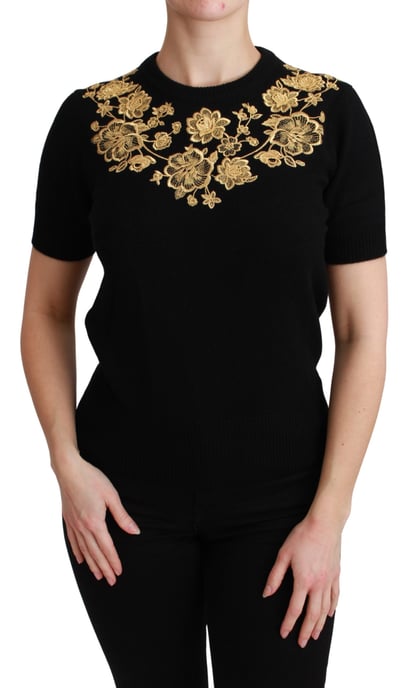 Suéter Top Floral de Cachemira Negra con Oro de Dolce & Gabbana - Image 1
