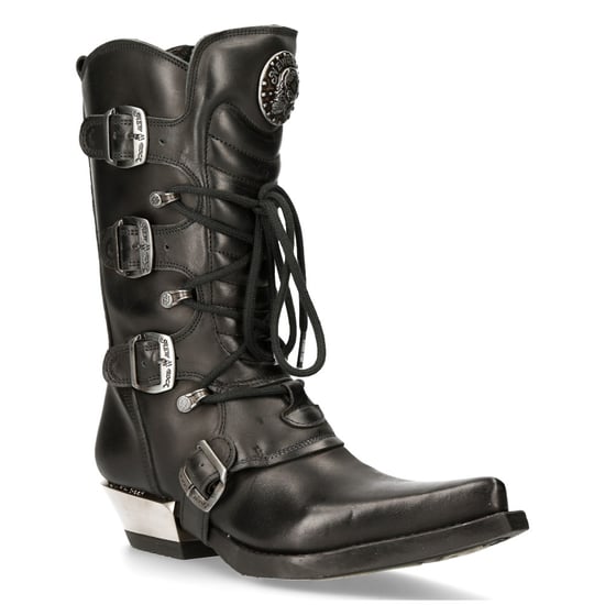 New Rock Black Leather Cowboy Buckle Boots- M-7993-S1