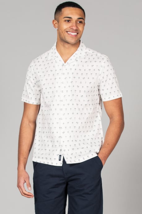 White Cotton Short Sleeve Button-Up Printed Shirt