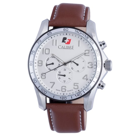 Reloj Calibre para Hombre con Movimiento Suizo Buffalo, Correa de Piel de Ternera Marrón, Esfera Plateada - Image 1