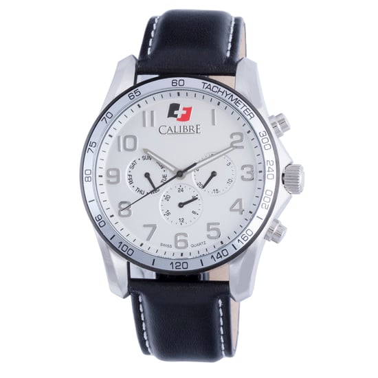 Reloj para hombres Calibre con movimiento suizo Buffalo, correa de cuero de ternera negra y esfera plateada. - Image 1