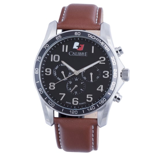 Reloj Calibre para Hombre con movimiento suizo Buffalo, correa de piel de ternera marrón, esfera negra. - Image 1