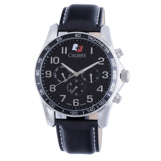Reloj de Movimiento Suizo Calibre para Hombre con Correa de Cuero de Ternera Negra y Esfera Negra - Image 1