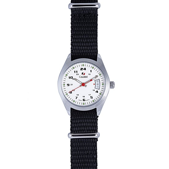 Reloj Calibre para Mujeres Trooper Lady con Movimiento Suizo, Correa de Lona Negra, Esfera Blanca - Image 1
