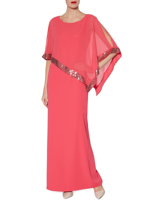 Gina Bacconi Tiffany Sequin Trim Cape Maxi Dress in Pink
